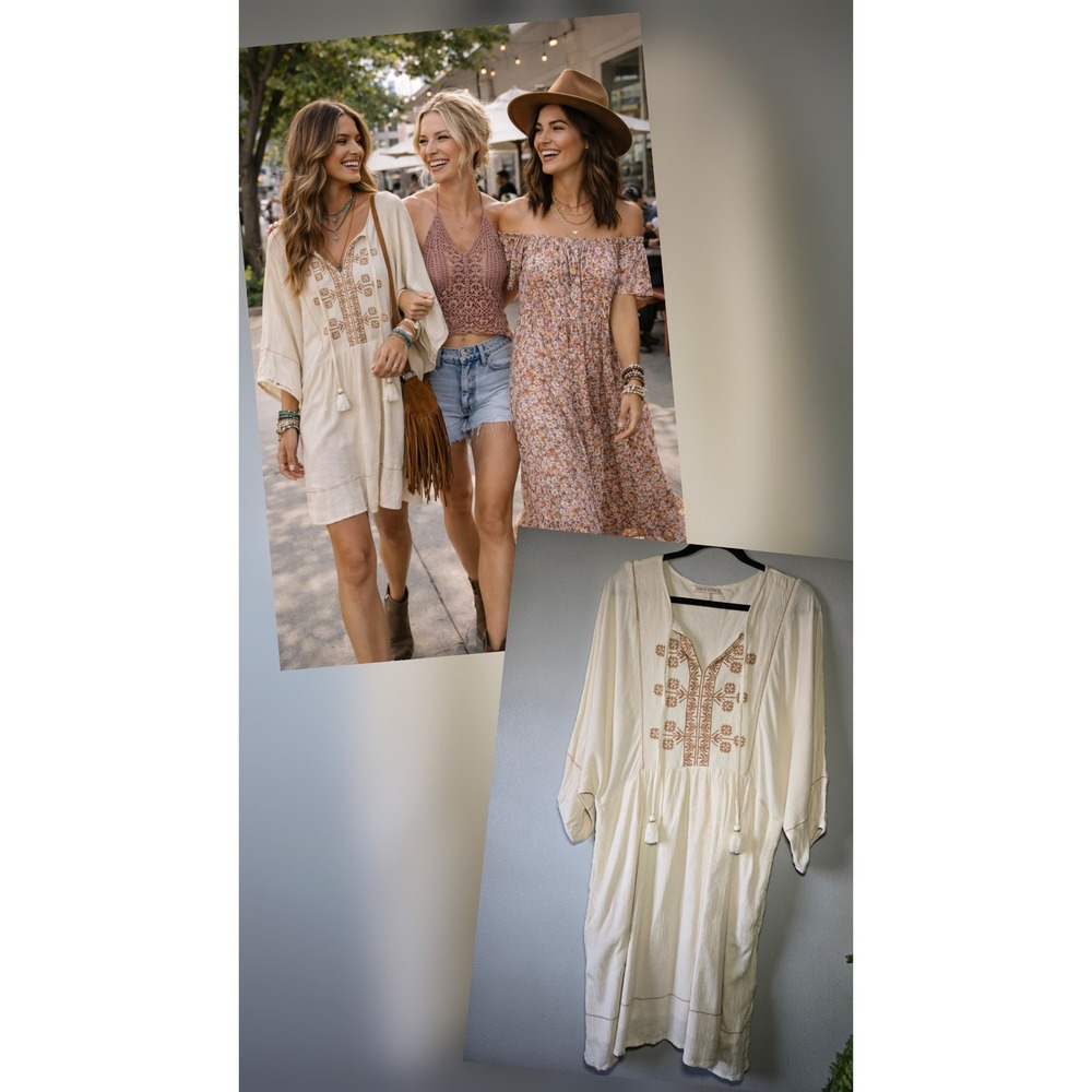 Knox Rose Embroidered Boho Tunic Dress Cream Tassel Peasant Festival‎ Large